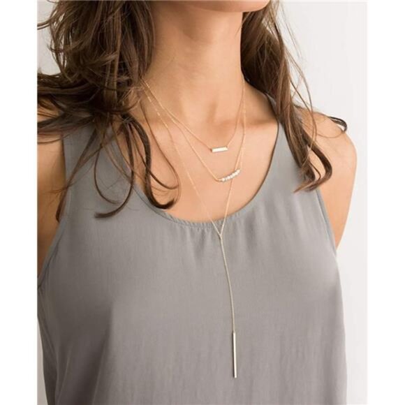 GoldTiny YShaped Dainty Necklace 18K GoldPlated Cute Bar Vertical LariatNecklace - Picture 4 of 7